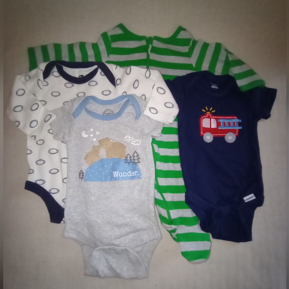 Baby Boy 4 Piece Bundle!  Footie Pajamas, 1 Long And 2 Short Sleeve Onesie 0-3M